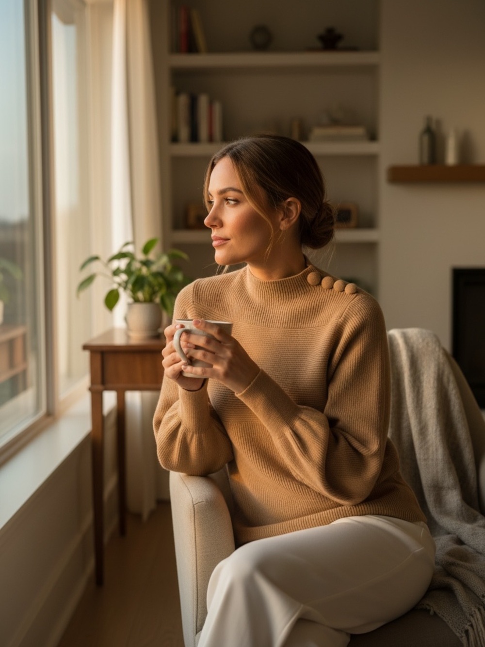 Cozy Button-Shoulder Women’s Sweater in Camel